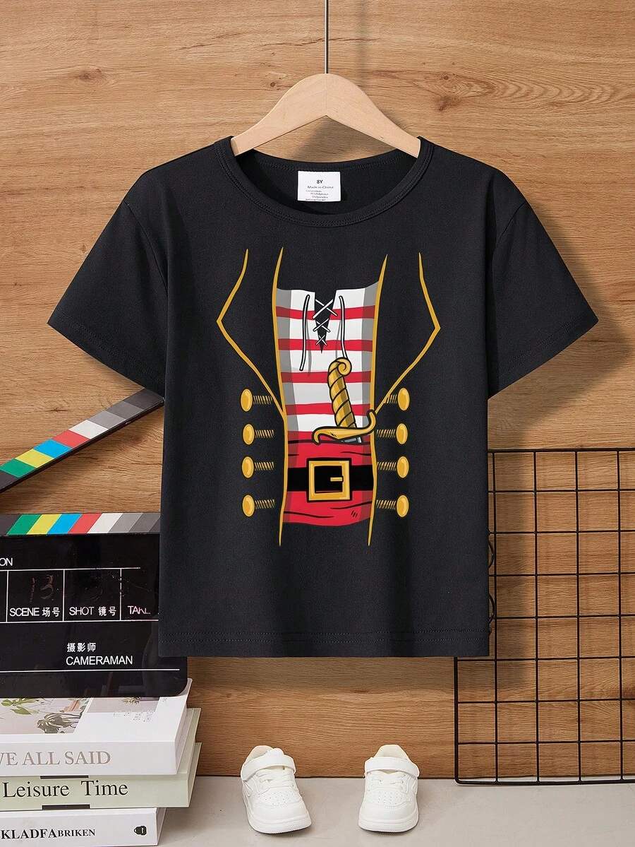 Young Boy Halloween Creative Pirate Graphic Print Short Sleeve T-Shirt, Summer - Black - View 1