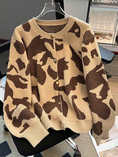 Elegante chaqueta de punto con botones de metal con estampado de leopardo, suéter de punto holgado y versátil, otoño/invierno