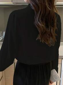 Solid Color Tie Decor Beaded V-Neck Blouse, Elegant Long Sleeve Shirt - Black - View 3