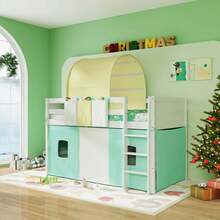 Lifezeal Twin Loft Bed With Tower & Tent 3 Storage Pockets Guardrail And Ladder - Turquoise - View 4