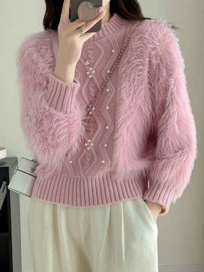 素色珍珠串珠毛茸茸套頭毛衣