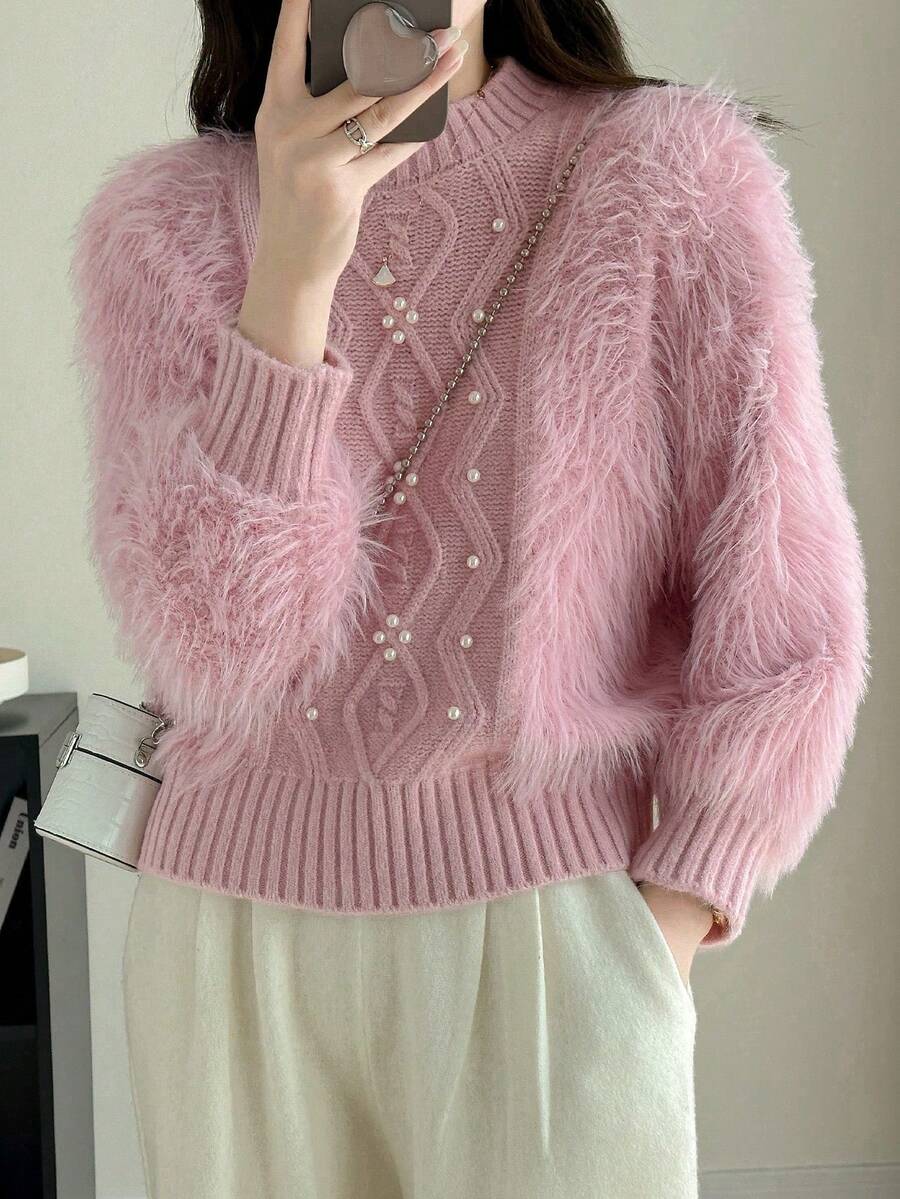 素色珍珠串珠毛茸茸套頭毛衣 - 粉色 - 查看 1