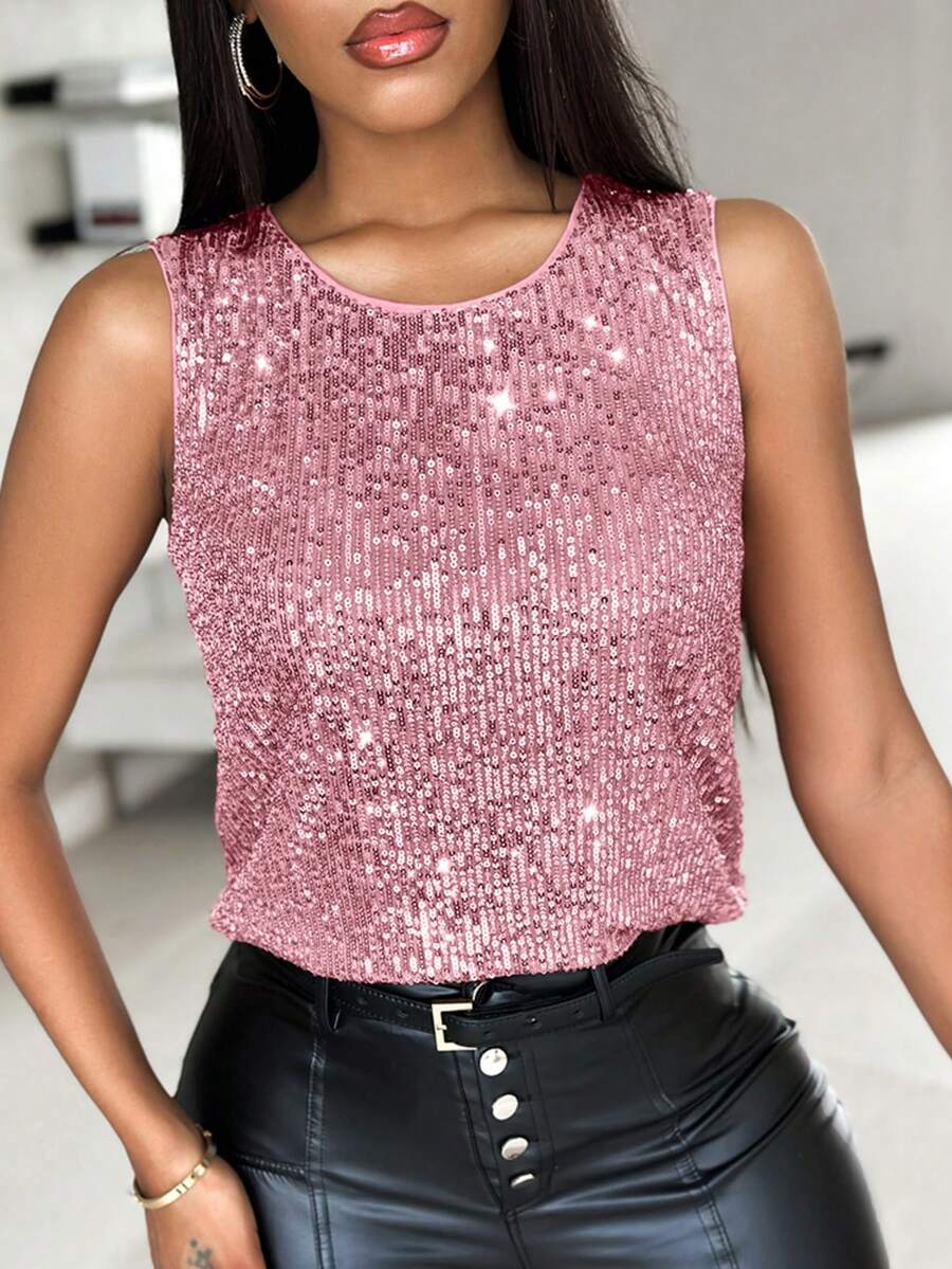 ChicMe Women's Shiny Sequin Sleeveless Round Neck Casual Fashionable Blouse - Pink - View 1