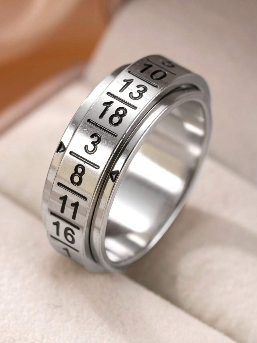 1 pieza Anillo giratorio con patrón numérico de acero inoxidable, accesorio para aliviar el estrés adecuado para hombres y mujeres, ideal como regalo del Día de San Valentín - Plateado - Ver 1
