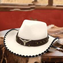 New Western Cowboy Hat With Faux Cowhide Leather Band, Stylish Wide Brim Vintage Boho Hat For Men  Women - Beige - View 2