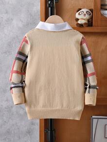 كنزة صوفية كبل قابلة للفصل للأولاد، بطراز مدرسي كاجوال بأكمام طويلة، مناسبة للربيع والخريف والشتاء - لون مشمشي - مشاهدة 2