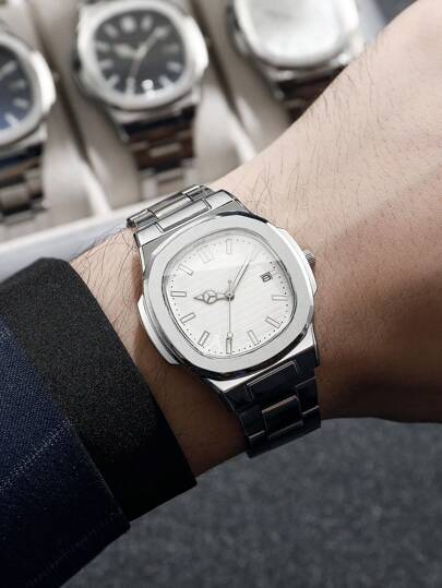 1pc Square Dial Calendar Stainless Steel Quartz Business Wrist Watch, No Horloge Box Included view 2