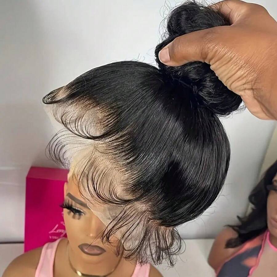 bling hair Hidden Strap Straight 360 Lace Front Wigs Human Hair Invisi Strap Straight Lace Front Wigs Human Hair Pre Plucked Drawstring 360 Frontal Glueless Wigs For Women 200 Density Full Lace Wig,22 Inch - Natural Black - 查看 1