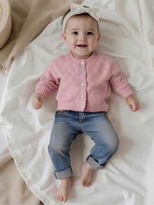Kids Fall Knit Cardigan Long Sleeve Solid Color Button Down Warm Winter Sweater For Girls Boys - 粉色 - 查看 7