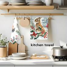 1 Set/1 Stück/2 Stücke Weihnachts-Stechpalmenbeeren und Hase/Vogel bedruckte Küchentücher und Geschirrtücher, geeignet für Inneneinrichtung in Restaurants, Küchen und Bädern, Partydekoration, Feiertags-Geschenke und auch als Weihnachtsgeschenke