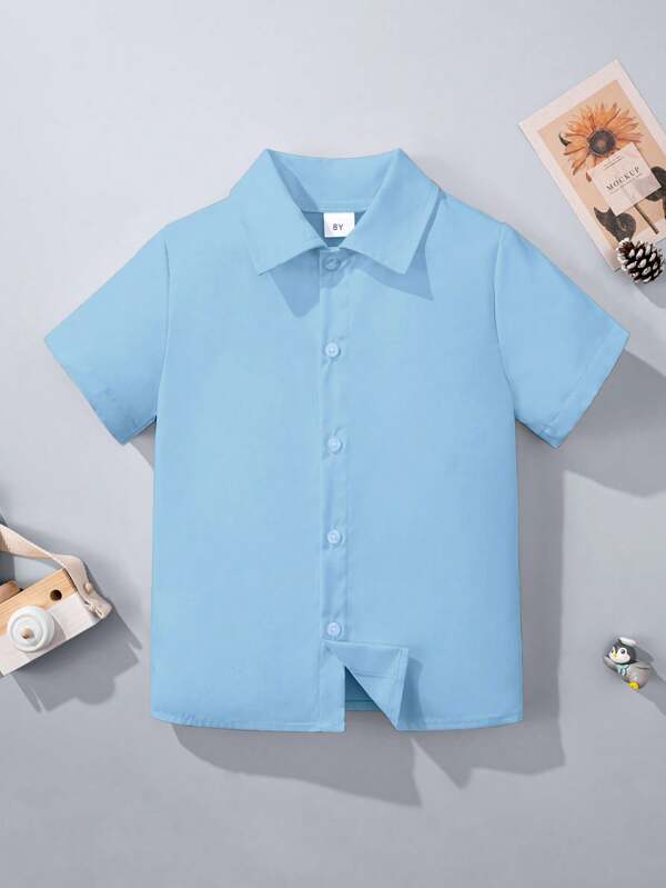 Boys' Classic Casual School Style Light Blue Short Sleeve Shirt, Suitable For School, Parties, Performances, Pageants And Other Formal Events