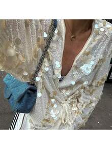 Women's Sequin Knitted Cardigan Tie-Front Long Sleeve Elegant Sparkly Fall Jacket For Club Party Streetwear - trắng - Xem 5