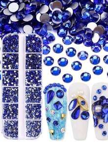 1盒12格3D美甲水钻套装，美甲宝石，水晶透明平底水钻，带收纳盒，6种尺寸（1.5-3.9毫米），适用于美甲工艺和美甲用品 - 彩色 - 查看 5