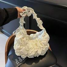 Korean Pleated Beach Cloud Tote Bag, Women's 2025 New Drawstring Shoulder Bag, Large Capacity Nylon Cloth Crossbody Shoulder Bag, Shoulder Bag, Women's Bag, Shoulder Bag - 米色 - 查看 6