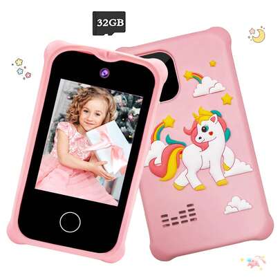 Kids Smartphone Toy With 32GB Card, 2.8" Touchscreen Travel Set With Wrist Strap, Dual Selfie Cameras + Music Player, 8 Games & 20 Photo Stickers, Perfect Gift For Boys Girls Ages 3-12