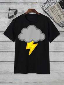 1pc Cloudy Weather Lightning Bolt, Soft Fabric Shirt, Ultra- Soft Interior Feel, Big And Tall Men, Easy To Wear When You Are Out Running Errands Or Doing Quick Tasks,Personalized  Graphic T-Shirt ,Black Casual Short Sleeves, 100% Cotton, Men's T-Shirt,,Funny Graphic T Shirts,S-XXXL,Fall Clothes,Halloween Clothes - Đen-3 - Xem 1