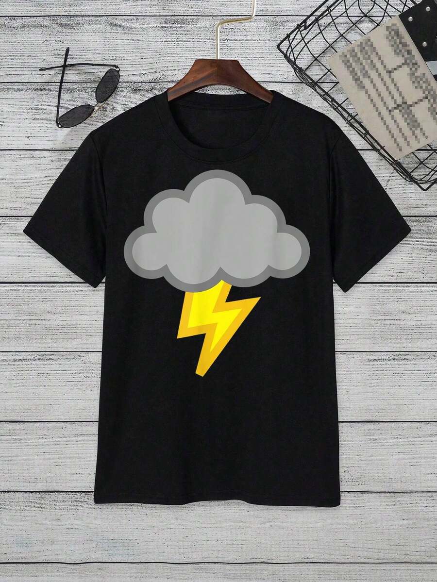 1pc Cloudy Weather Lightning Bolt, Soft Fabric Shirt, Ultra- Soft Interior Feel, Big And Tall Men, Easy To Wear When You Are Out Running Errands Or Doing Quick Tasks,Personalized Graphic T-Shirt ,Black Casual Short Sleeves, 100% Cotton, Men's T-Shirt,,Funny Graphic T Shirts,S-XXXL,Fall Clothes,Halloween Clothes - Đen-3 - Xem 1