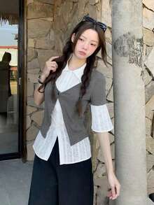 Fashionable Flare Sleeve Shirt Blouse, 2 In 1 Early Spring Women Cardigan - Grey - View 1
