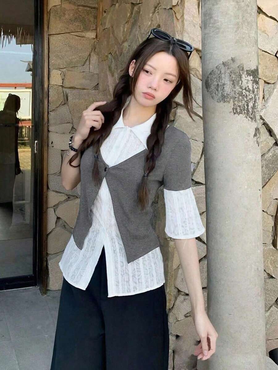 Fashionable Flare Sleeve Shirt Blouse, 2 In 1 Early Spring Women Cardigan - Grey - View 1