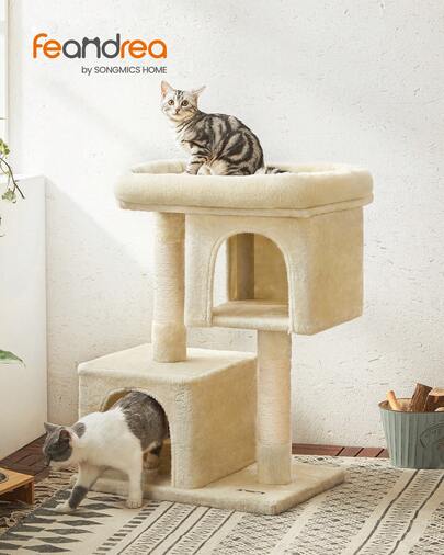  Feandrea Cat Tree, 84 Cm Tower, L, Condo For Large Cats Up To 7 Kg, Large Perch, 2 Caves, Scratching Post, Beige