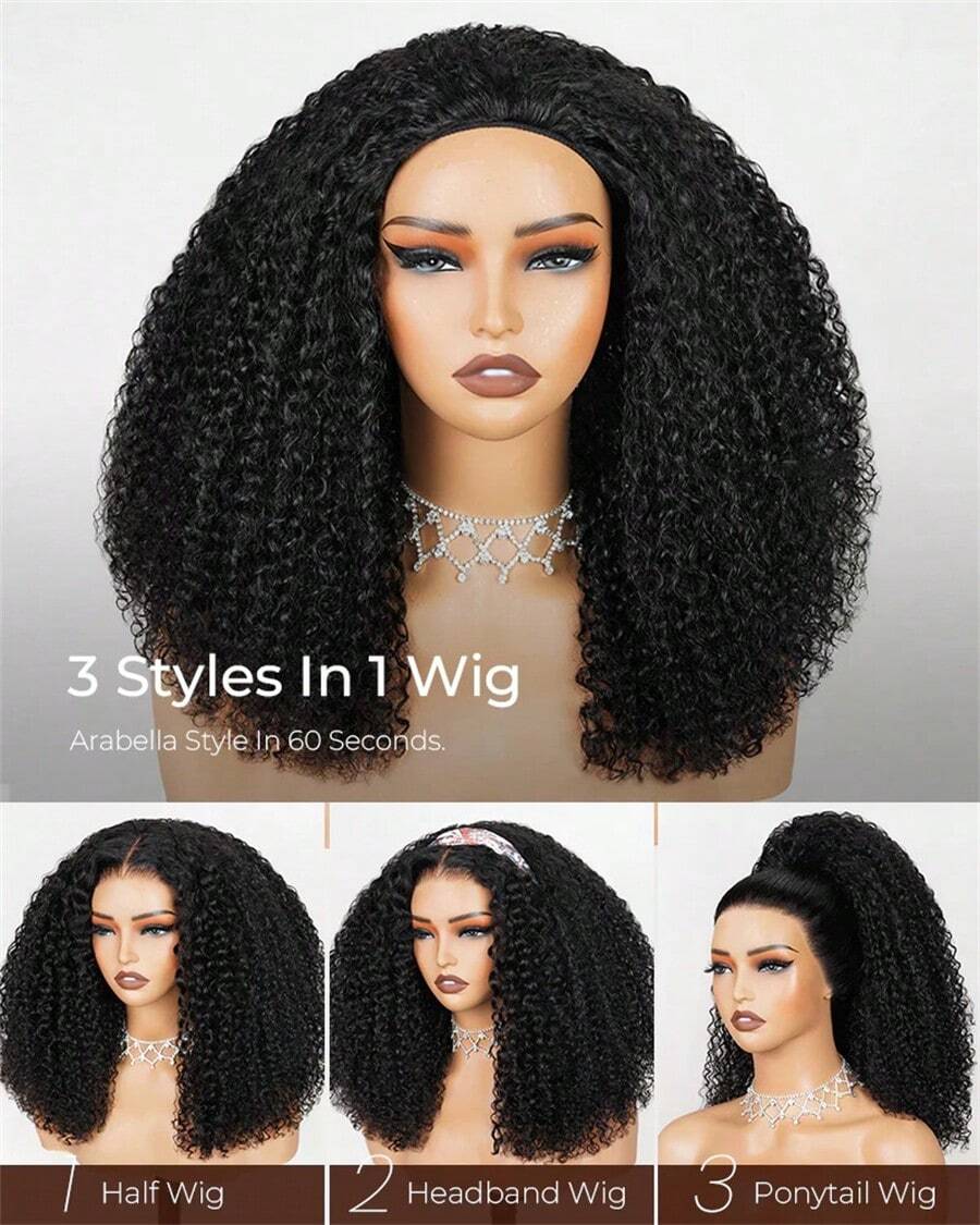 Jerry Curly One Fit All Half Wigs Human Hair 3 In 1 Half Wig Curly Wear & Go Drawsting Wigs No Glue Need Flip Over Half Wig Seamless Clip In Deep Wave Headband Wig Beginner Friendly For Women - Natural Black - 查看 1