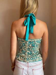 Y2K Sequin Halter Top For Women Floral V Neck Embroidered Tank Tops Sparkle Backless Top Summer Cami Shirts