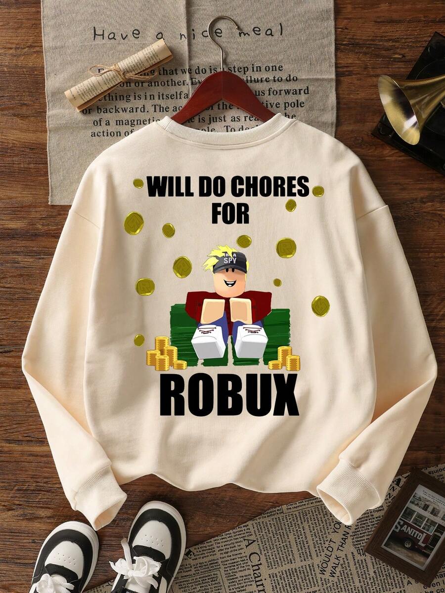 男童印花圆领保暖套头卫衣，适合上学和秋冬季穿着 - 杏色 - 查看 1