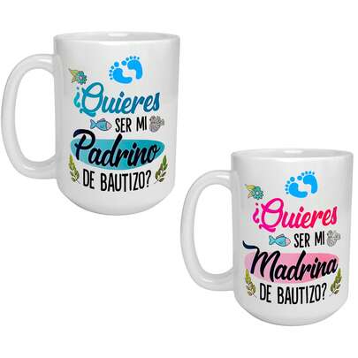 INESTAMPABLE Paquete 2 pieas Tazas grandes ¿Quiéren ser mis Padrinos de Bautizo? | propuesta | Madrina I Padrino | sorpresa I Para Café o té I regalo | Cerámica blanca I original