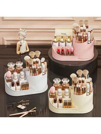 360°旋转防尘化妆品收纳盒：多功能化妆品收纳旋转架，可收纳口红、眼影刷和化妆工具 | 梳妆台桌面旋转支架，大容量美容收纳盒，防尘设计，适用于假日海滩、浴室收纳、卧室收纳，大容量