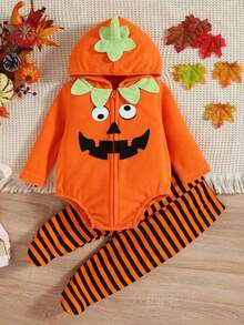 Kids' Halloween Pumpkin & Scary Face Jumpsuit, Cute Baby Hooded Romper + Striped Pants Set