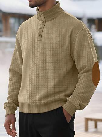 Men's Plaid Half-Open Collar Sweatshirt, Waffle Fabric, Brown Elbow Patch, Button Collar, Vintage Casual Sweatshirt Suitable For Multiple Occasions , Fall