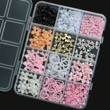 12 griglie/scatola Decorazioni per unghie 3D a fiocco, pendenti a fiocco floreali, perle piatte, set di gemme fai-da-te per arte di unghie, abbigliamento e decorazione di telefoni con strumenti, graziosi gioielli per unghie 3D rosa, forniture per unghie