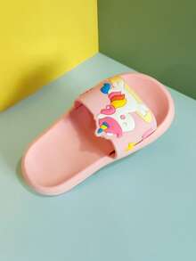 1 par de chanclas planas de EVA con diseño de unicornio arcoíris para niños, aptas para interiores/exteriores, hogar, baño, verano