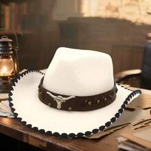New Western Cowboy Hat With Faux Cowhide Leather Band, Stylish Wide Brim Vintage Boho Hat For Men  Women - Beige - View 1