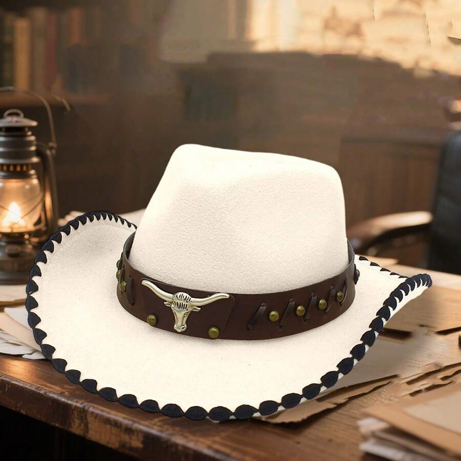 New Western Cowboy Hat With Faux Cowhide Leather Band, Stylish Wide Brim Vintage Boho Hat For Men  Women - Beige - View 1