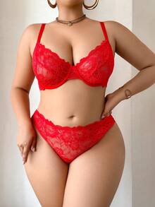 1 Bộ áo ngực ren trơn màu cỡ lớn thoải mái có gọng nâng ngực cho nữ - Đỏ - Xem 3