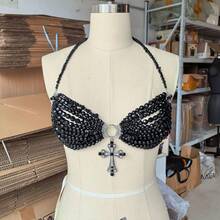 Glossmoon European And American Style Black Cool Cross Pendant Bra Chain Sexy Multi-Layer Beaded Body Chain Light Luxury High-End Beachwear Sexy Elegant Accessories - 黑色 - 查看 4