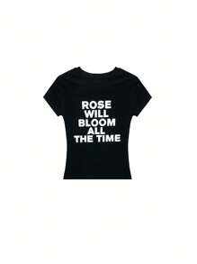 Vintage Inspired Letter Print Short Sleeve T-Shirt For Women, Stylish Fitted Top