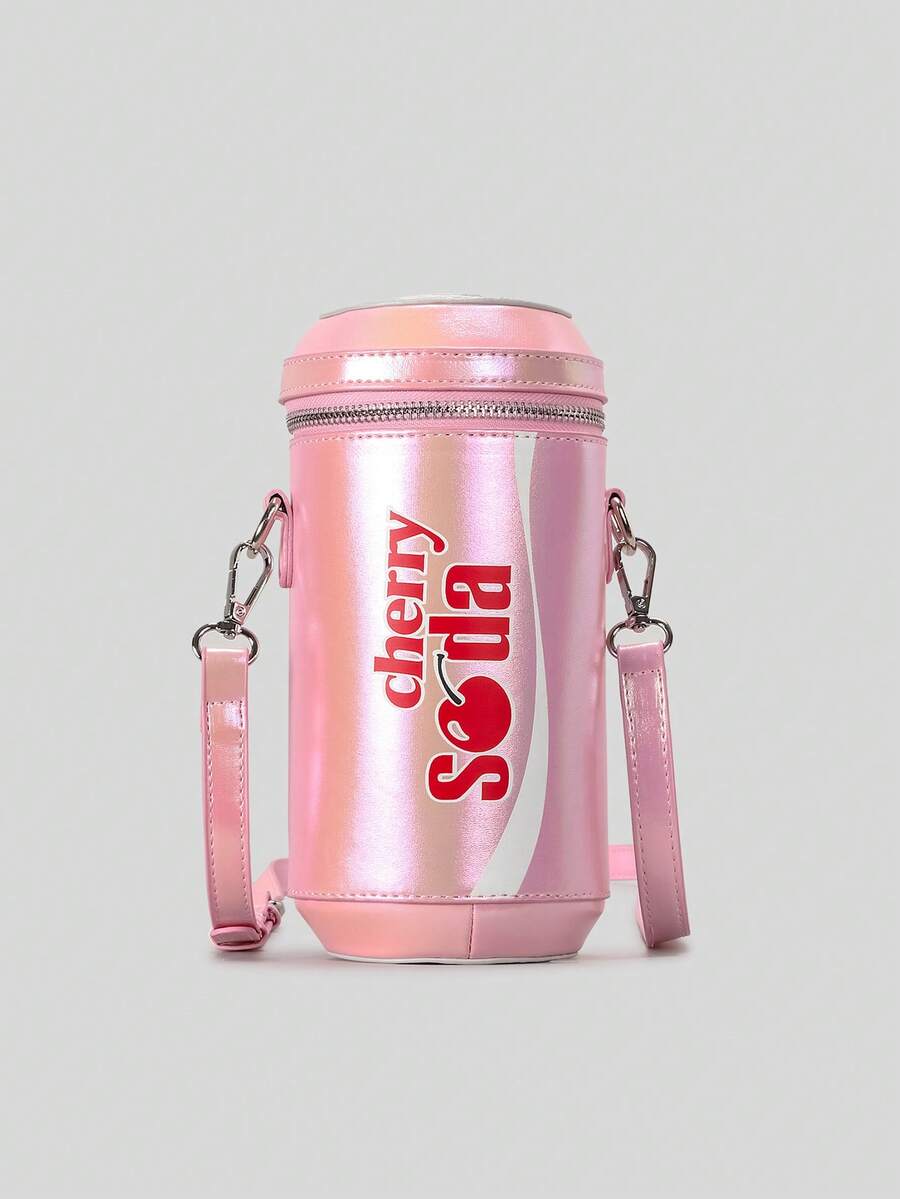 Cute Cherry Letter Beverage Design, One Shoulder Crossbody Bag, Creative Cylindrical Handbag For Women