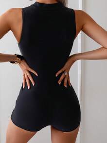 Women's One Piece Rash Guard Swimsuit Sleeveless Half Zipper Surfing Swimwear - Black - View 3