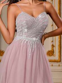 VIPGIRL 薰衣草色吊带高开衩亮片薄纱礼服，串珠晚礼服，多层公主风舞会礼服，优雅紫色舞会礼服