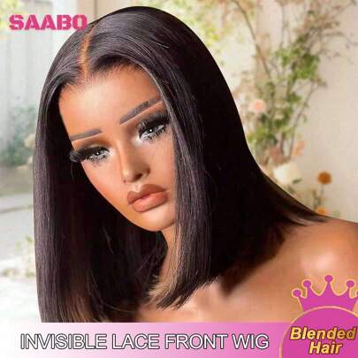 13x4 蕾丝前直发短波波头假发，真人发混纺，180% 密度，巴西原生直发波波头假发，适合，无胶自然发际线，波波头混纺假发，预先拔毛，带婴儿发，30 英寸长，自然色（14 英寸）