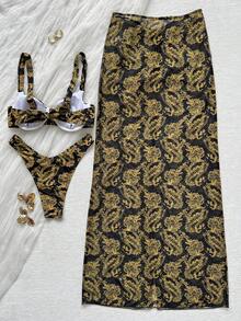 HOTTIE HABIT Women's 2 Pieces Black Gold Floral Print Bikini Set, Underwire Cami Bikini Top & Ruched Split Maxi Cover Up Skirt, Summer Beach Swimwear - Multicolor - View 7