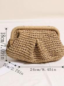 Bolsa de Ombro de Tecido de Palha de Cor Sólida para Praia e Viagens Casuais para Mulheres, Design Minimalista, Bolsa de Férias na Moda para o Verão