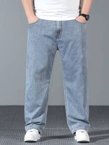 Men's Plus Size Jeans With Beard Details, Basic Style, Slightly Elastic, Slim Fit, Blue, Casual And Simple, Suitable For Daily Wear, Men's Jeans, Men's Pants, Men's Blue Pants, Plus Size - Màu xanh nhạt - Xem 3