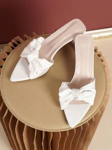 1 Pair Teenage Fashion Bowknot Pointed Toe Stiletto High Heel Slippers, Suitable For Outdoor Party And Gathering