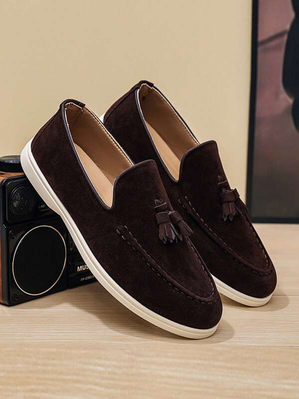 Men's Loafers With Round Toe, Fringed Upper And Coffee Colored Accessories, 2025 New Versatile Men's Shoes, Business Formal Work Shoes, British Style Loafers With Flat Bottom, Casual, Breathable And Soft Sole, Suitable For All Seasons