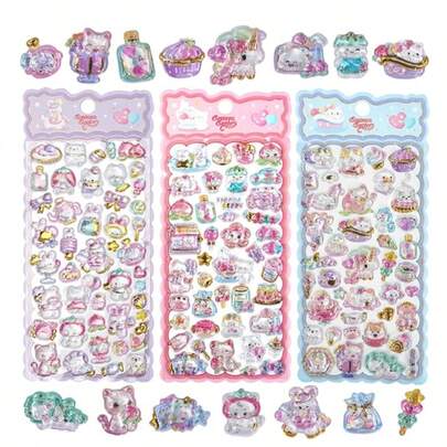 Cute Small 3D Kawaii Stickers - Adorable Cats, Animals And Fantasy Themed Fluffy Transparent Stickers - 4 Designs With Glitter And Gold Accents For Scrapbooking, Phone Case Decor (Random Assortment)