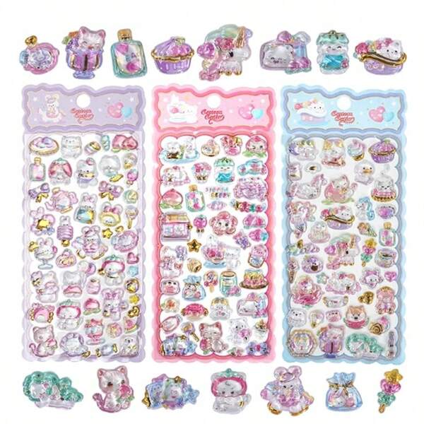 Cute Small 3D Kawaii Stickers - Adorable Cats, Animals And Fantasy Themed Fluffy Transparent Stickers - 4 Designs With Glitter And Gold Accents For Scrapbooking, Phone Case Decor (Random Assortment)