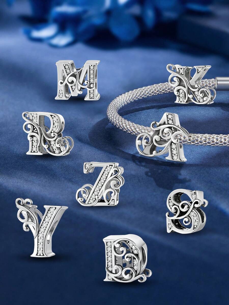 1pc 925 Sterling Silver A-Z 26 Letter Beaded Pendant, Suitable For Women Bracelet, Bangle DIY Jewelry Making, Anniversary Gift, Elegant Women Jewelry - Vine Diamond Letters - View 1